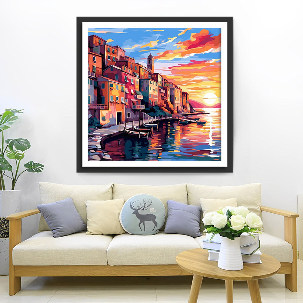 Ville Côtière au Coucher du Soleil Broderie Diamant