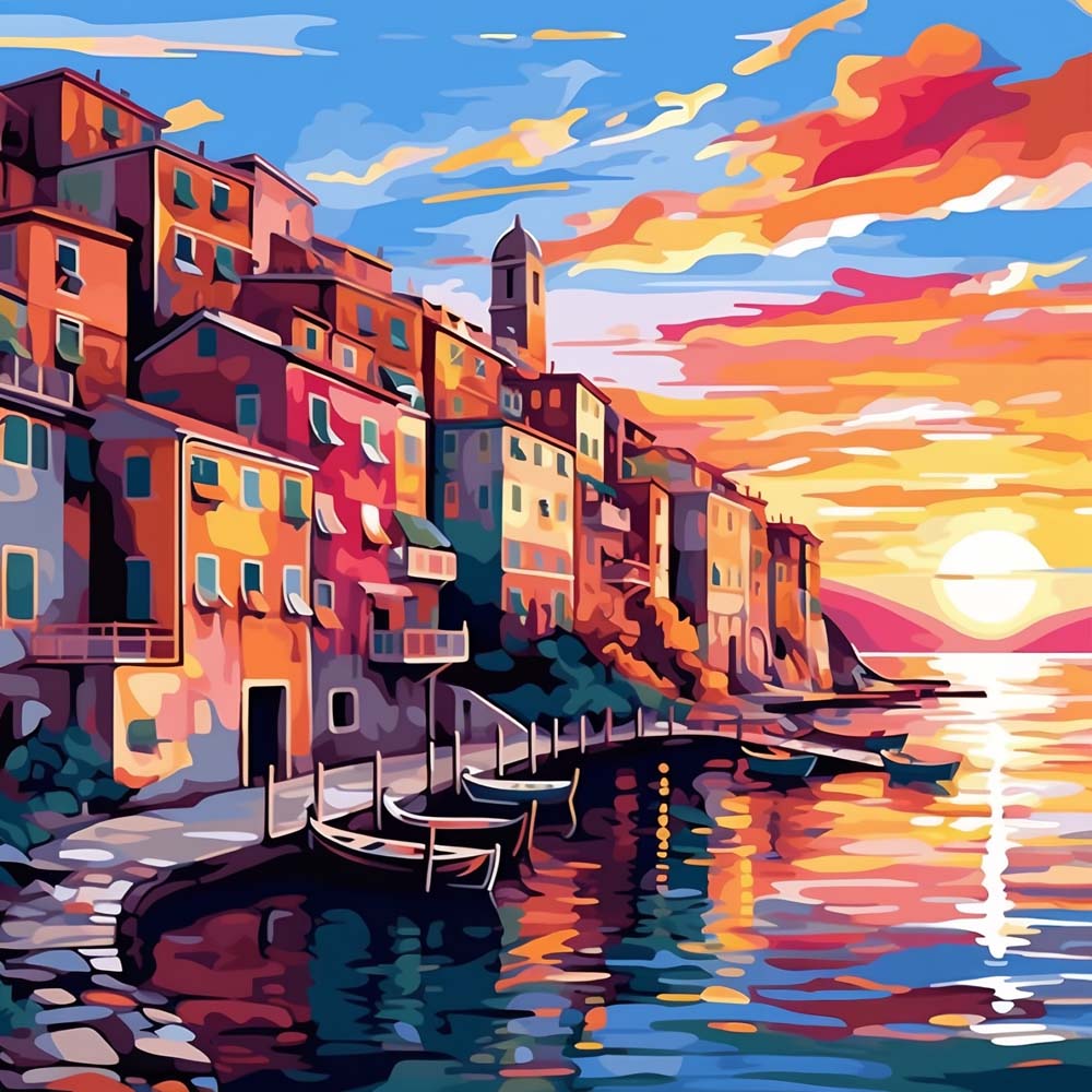 Ville Côtière au Coucher du Soleil Broderie Diamant