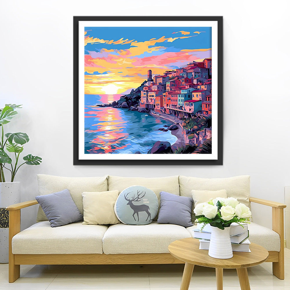 Ville Côtière au Crepuscule Broderie Diamant