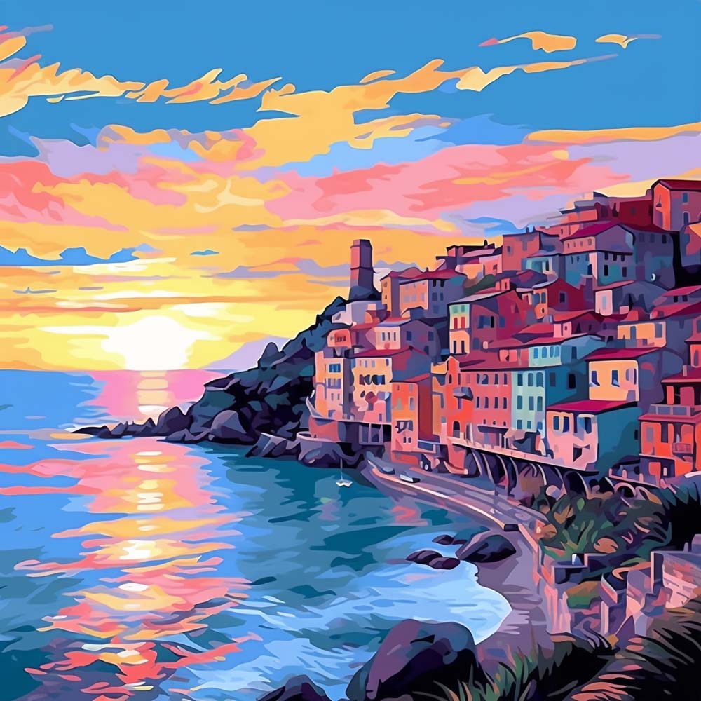 Ville Côtière au Crepuscule Broderie Diamant