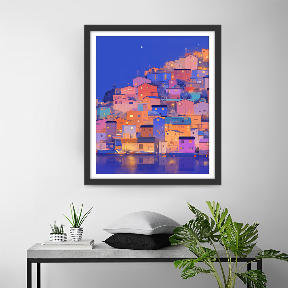 Ville Côtière Colorée la Nuit Broderie Diamant