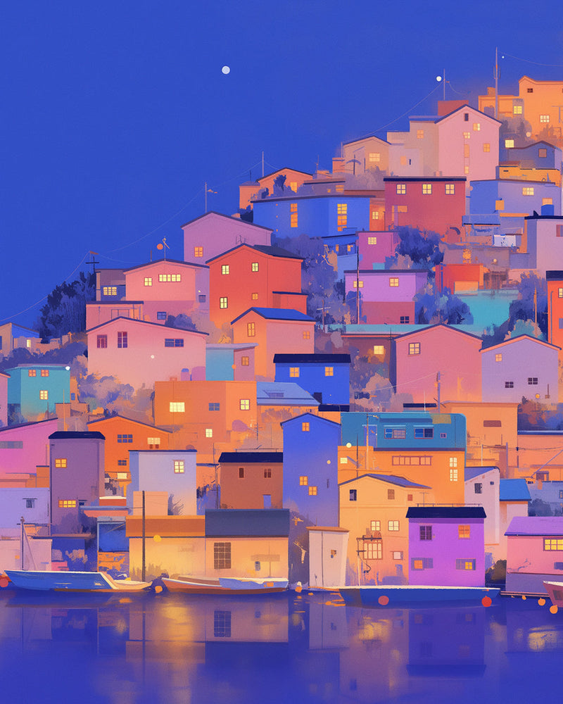 Ville Côtière Colorée la Nuit Broderie Diamant