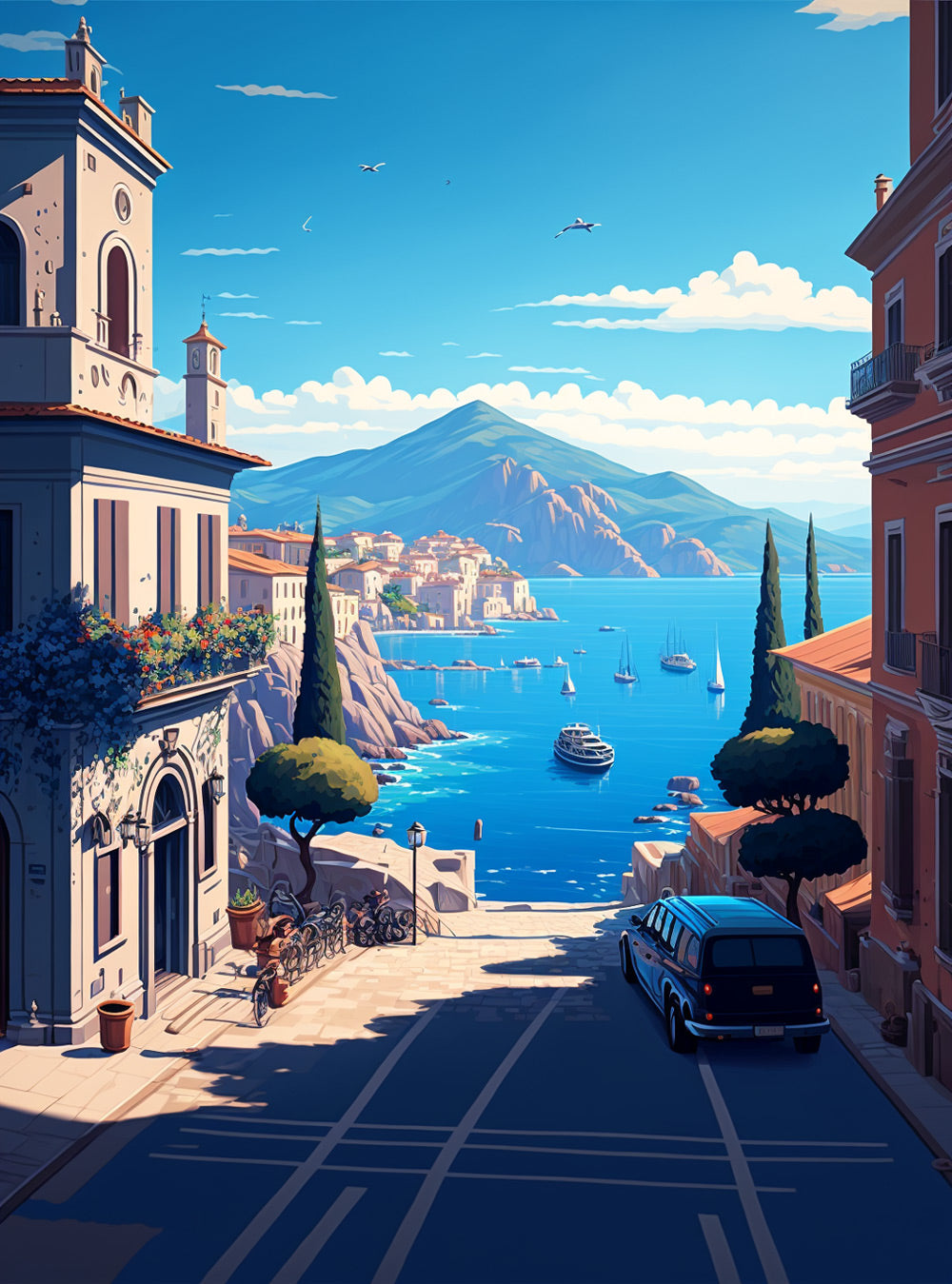 Ville Côtière et Montagnes Broderie Diamant