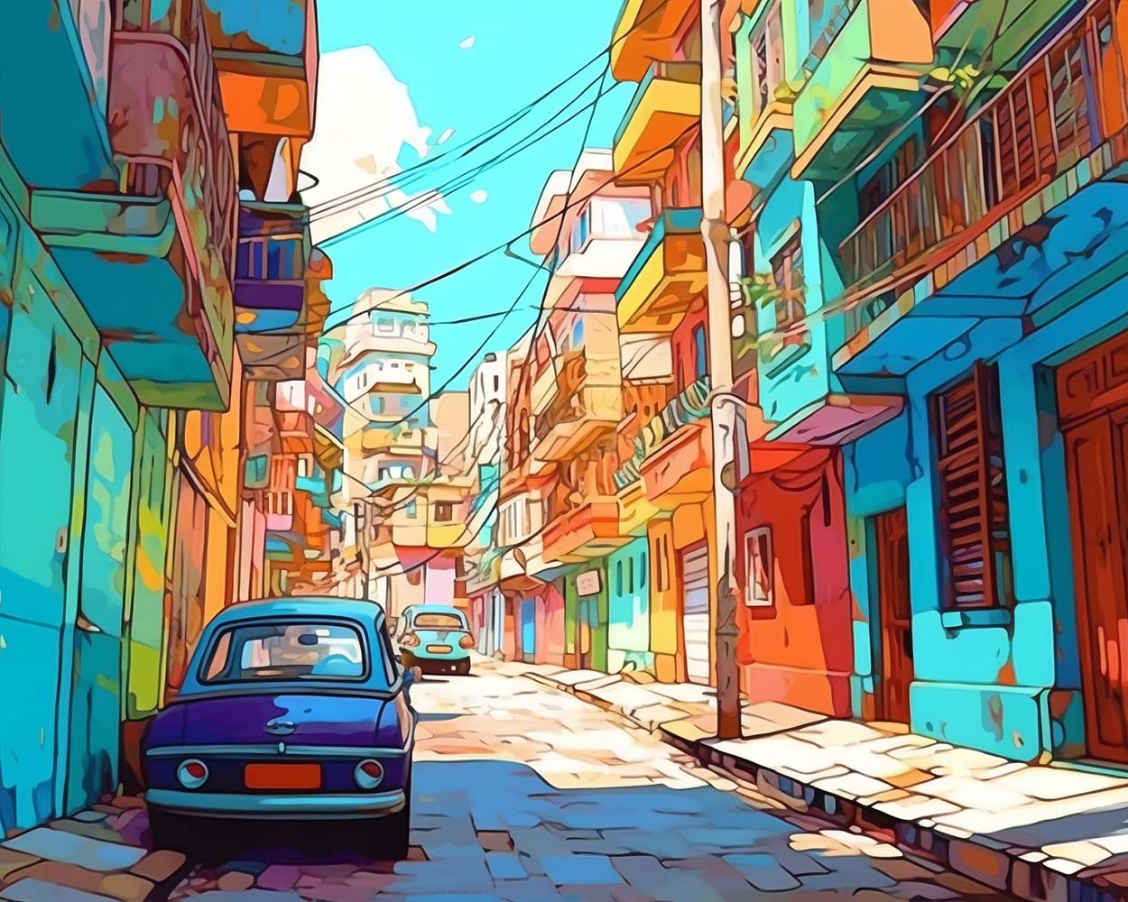 Voiture Bleue et Bâtiments Colorés Broderie Diamant