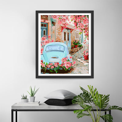 Voiture Bleue sous l’Arbre à Fleurs Roses Broderie Diamant