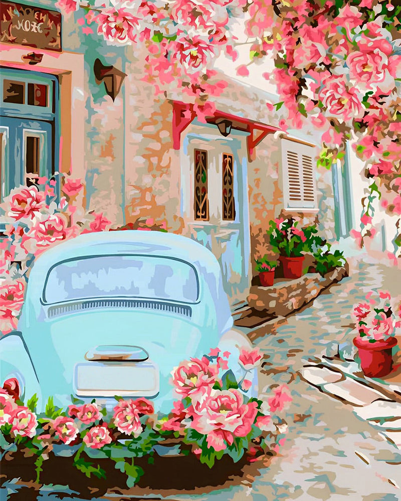 Voiture Bleue sous l’Arbre à Fleurs Roses Broderie Diamant