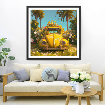 Voiture Jaune Remplie de Fleurs Broderie Diamant