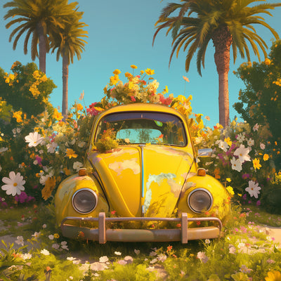 Voiture Jaune Remplie de Fleurs Broderie Diamant