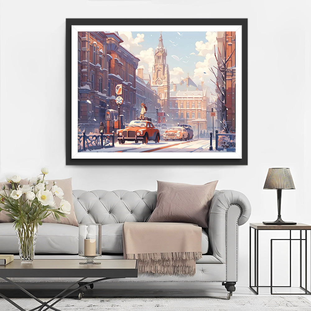 Voiture Rouge dans une Rue Londonienne Broderie Diamant