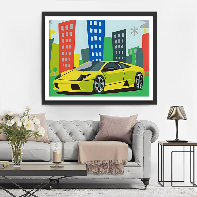 Voiture Verte en Ville Broderie Diamant