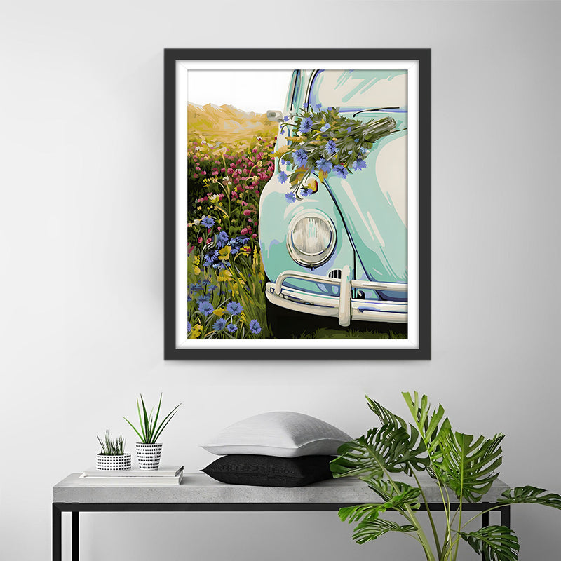 Voiture Verte et Fleurs Sauvages Broderie Diamant