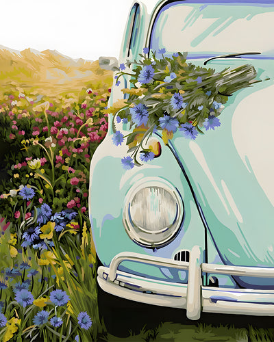 Voiture Verte et Fleurs Sauvages Broderie Diamant