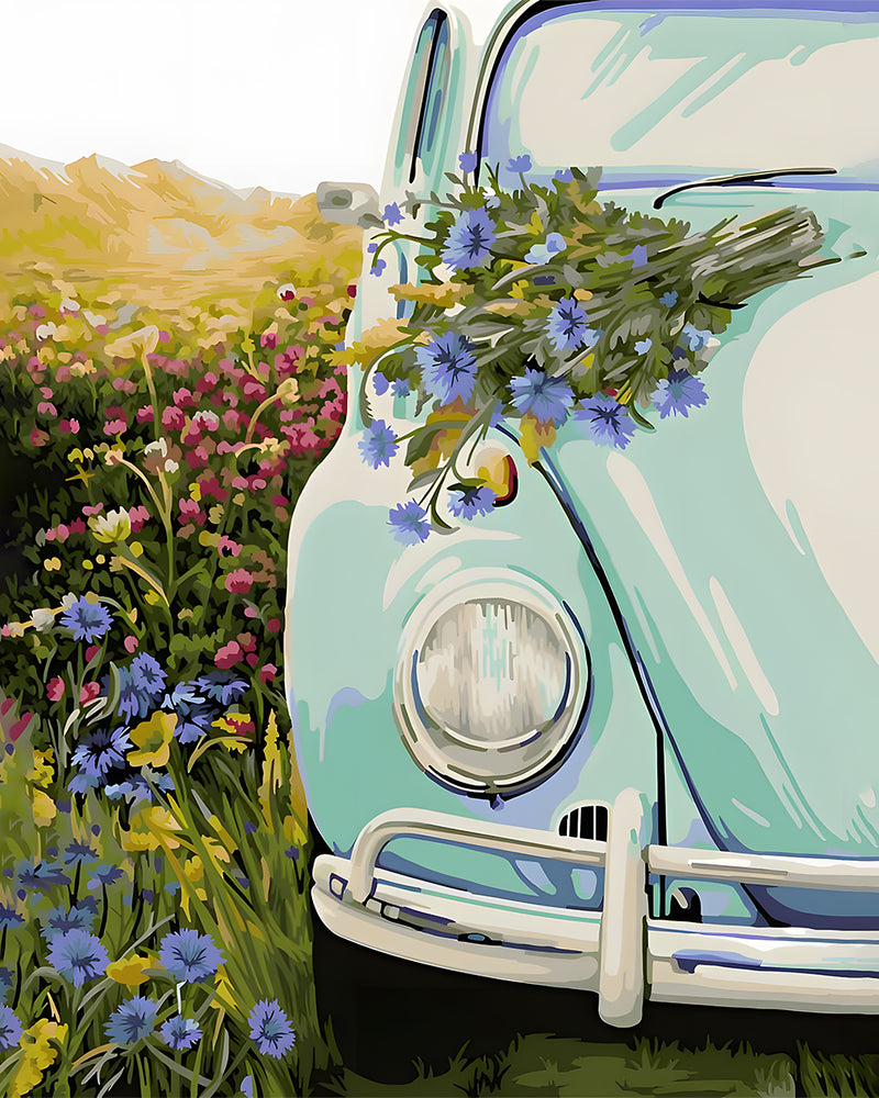 Voiture Verte et Fleurs Sauvages Broderie Diamant