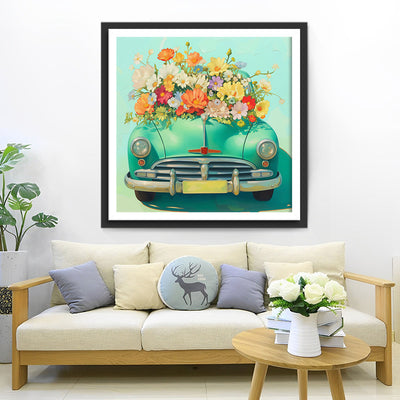 Voiture Verte Remplie de Fleurs Broderie Diamant