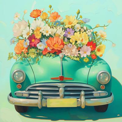 Voiture Verte Remplie de Fleurs Broderie Diamant