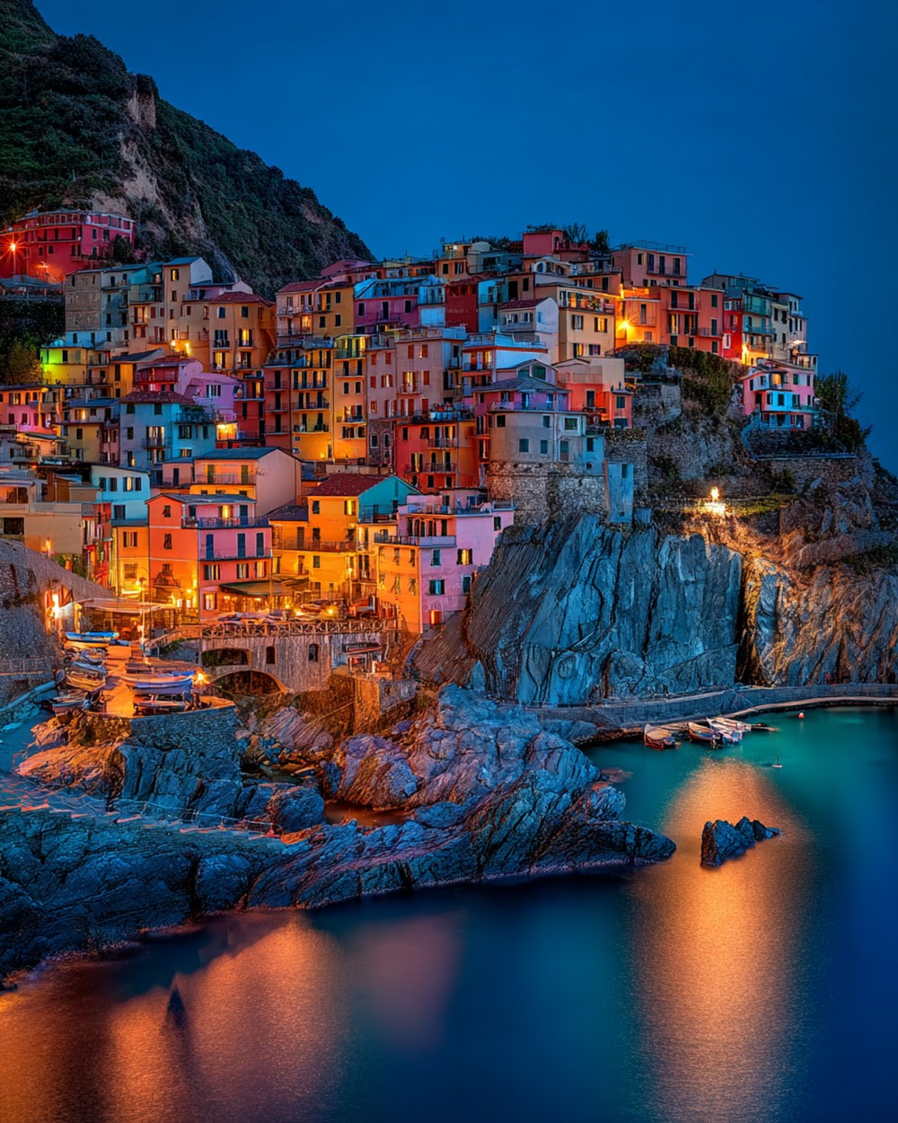 Vue Nocturne d'une Ville au Bord de Mer Broderie Diamant