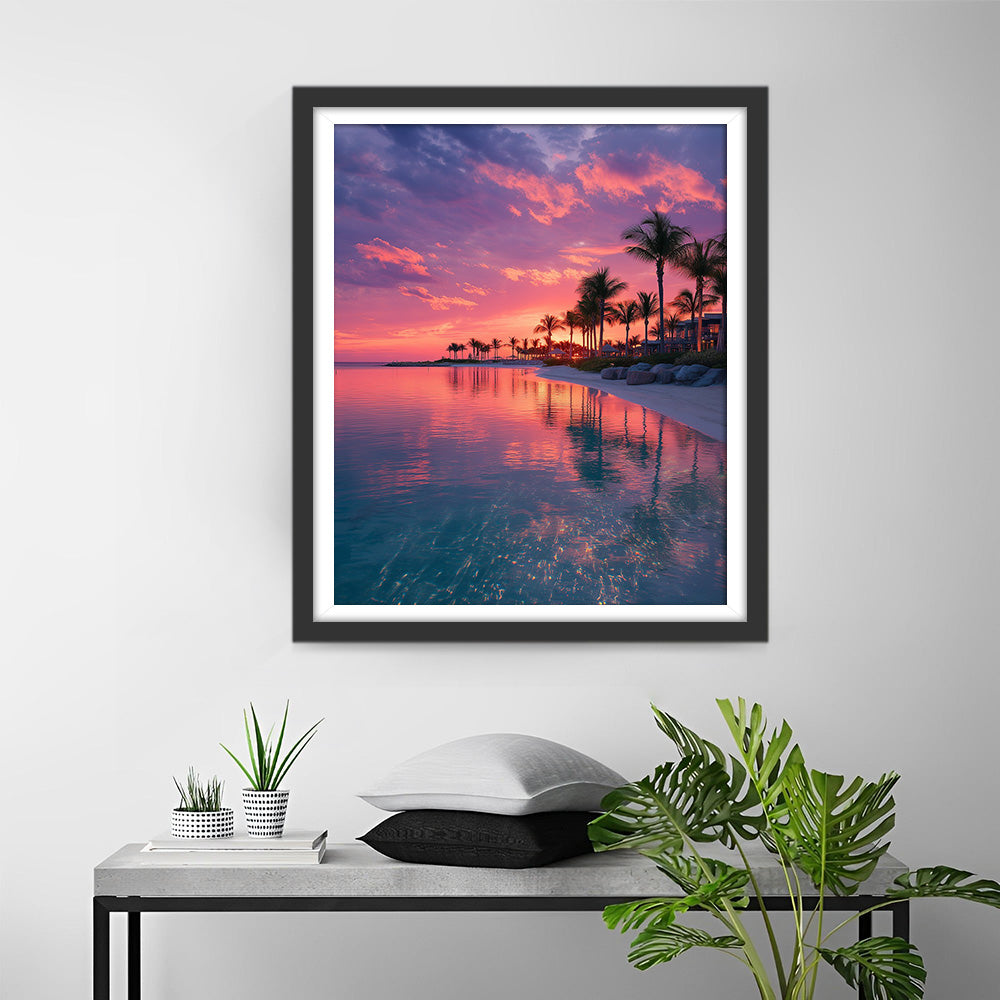 Vue sur la Mer au Coucher de Soleil Rose Broderie Diamant