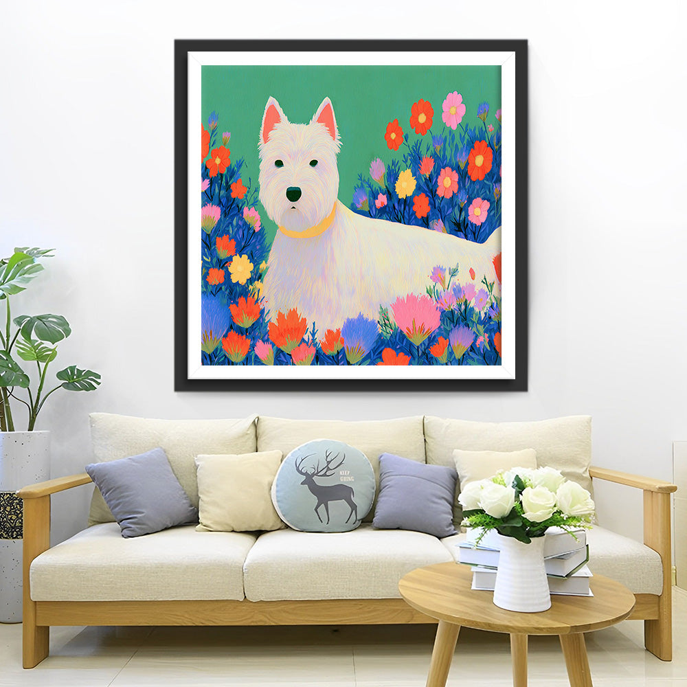 West Highland White Terrier parmi les Fleurs Broderie Diamant