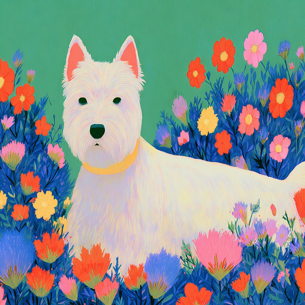 West Highland White Terrier parmi les Fleurs Broderie Diamant