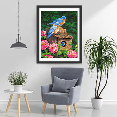 Oiseaux Bleu et Nid avec des Fleurs Roses Broderie Diamant