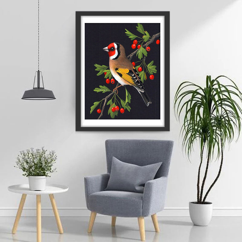 Oiseau avec Visage Magnifique et des Fruits Rouges Broderie Diamant