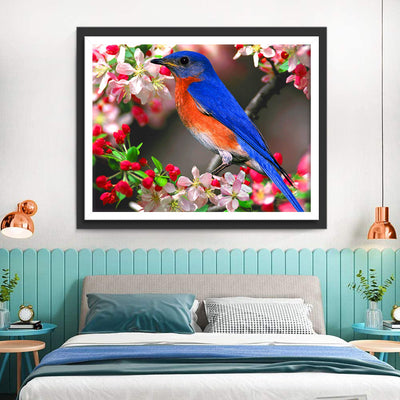 Oiseau Bleu et Orange avec des Fleurs Roses et Rouges Broderie Diamant