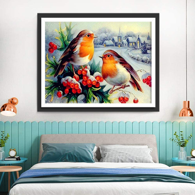 Oiseaux Marrons et Oranges avec des Fruits Rouges Broderie Diamant