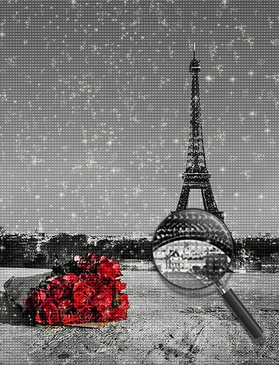 Bouquet de Roses Rouges et Tour Eiffel Broderie Diamant