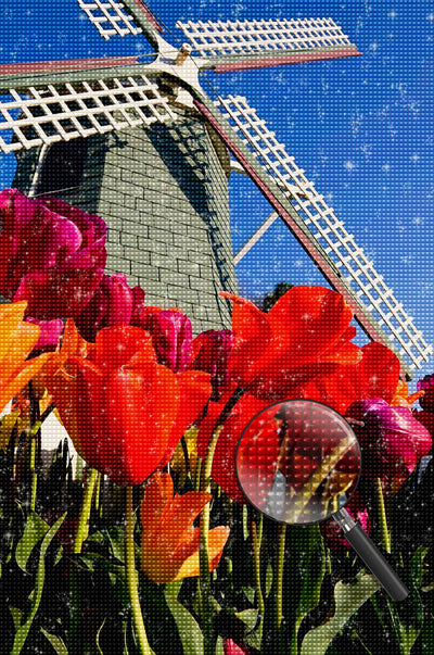 Tulipes Rouges et Moulin à Vent Broderie Diamant