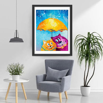 Couple de Chats Sous le Parapluie Broderie Diamant