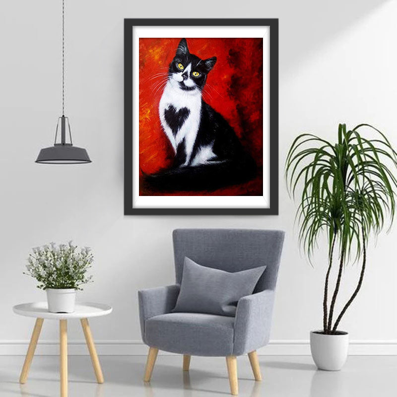 Chat de Cœur Noir et Blanc Broderie Diamant