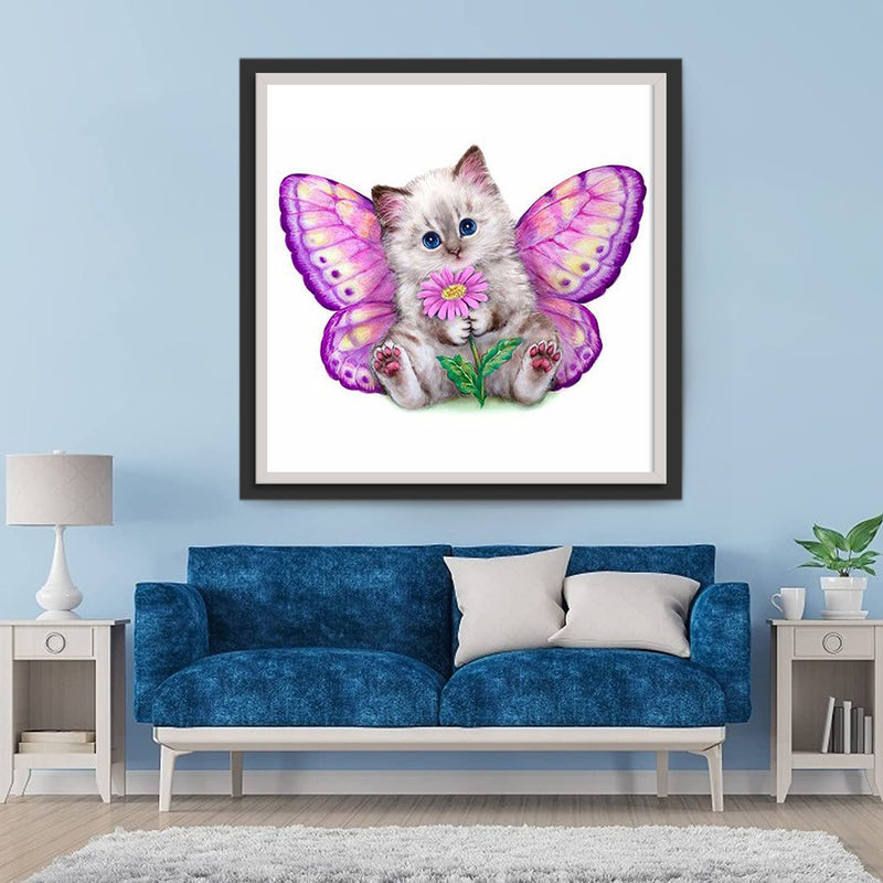 Chaton Papillon et Marguerite Broderie Diamant