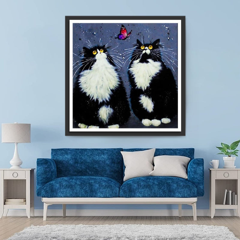 Chats Noirs et Blancs avec Papillon Broderie Diamant