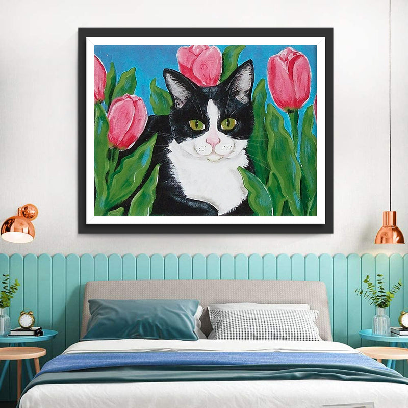 Chat Noir et Blanc dans un Buisson de Tulipes Broderie Diamant