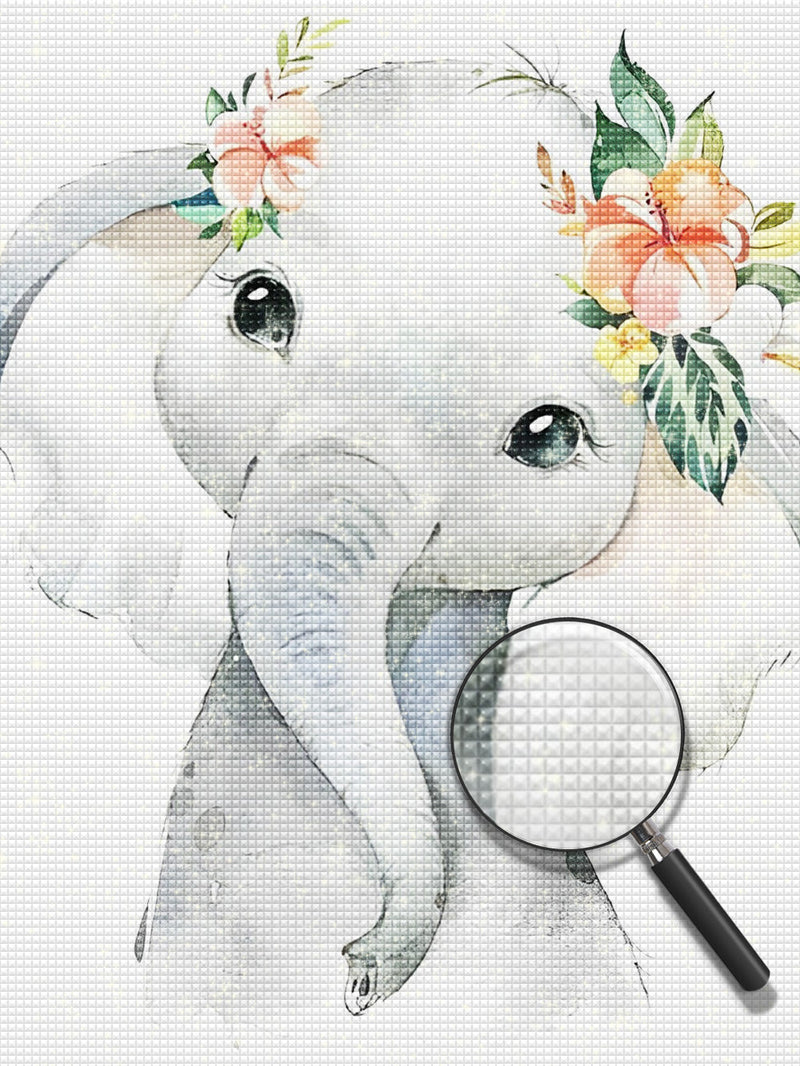 Mignon Petit Éléphant Gris avec des Fleurs Broderie Diamant