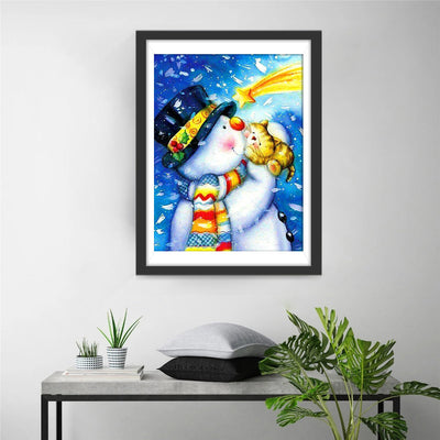 Chaton Jaune et Bonhomme de Neige Cartoon Broderie Diamant