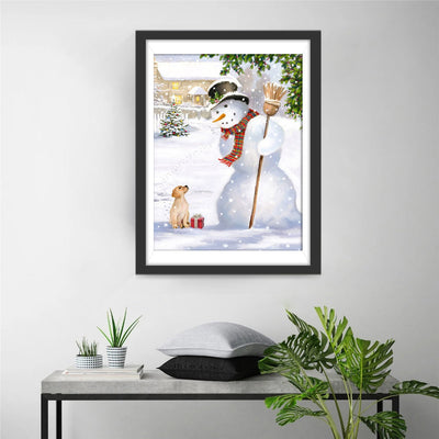 Bonhomme de Neige Regardant le Chien Broderie Diamant