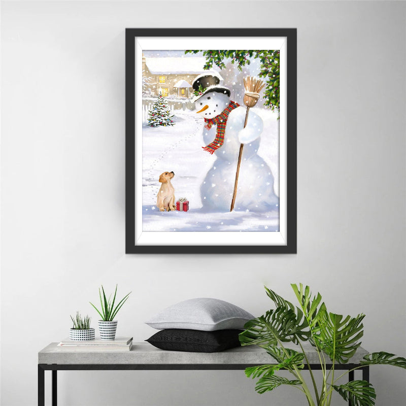 Bonhomme de Neige Regardant le Chien Broderie Diamant