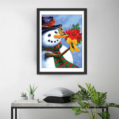 Bonhomme de Neige et Fleurs Rouges Broderie Diamant