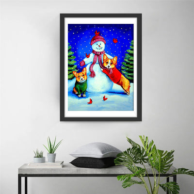 Bonhomme de Neige et Corgis Broderie Diamant