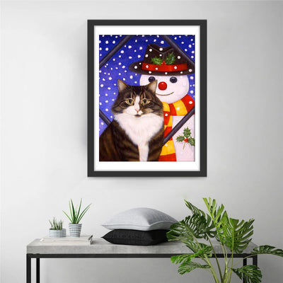 Chat Tigré et Bonhomme de Neige Broderie Diamant