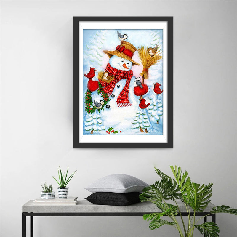 Bonhomme de Neige Bienveillant et Oiseaux Rouges Broderie Diamant