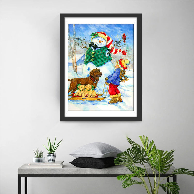 Bonhomme de Neige et Fille avec des Chiens Broderie Diamant