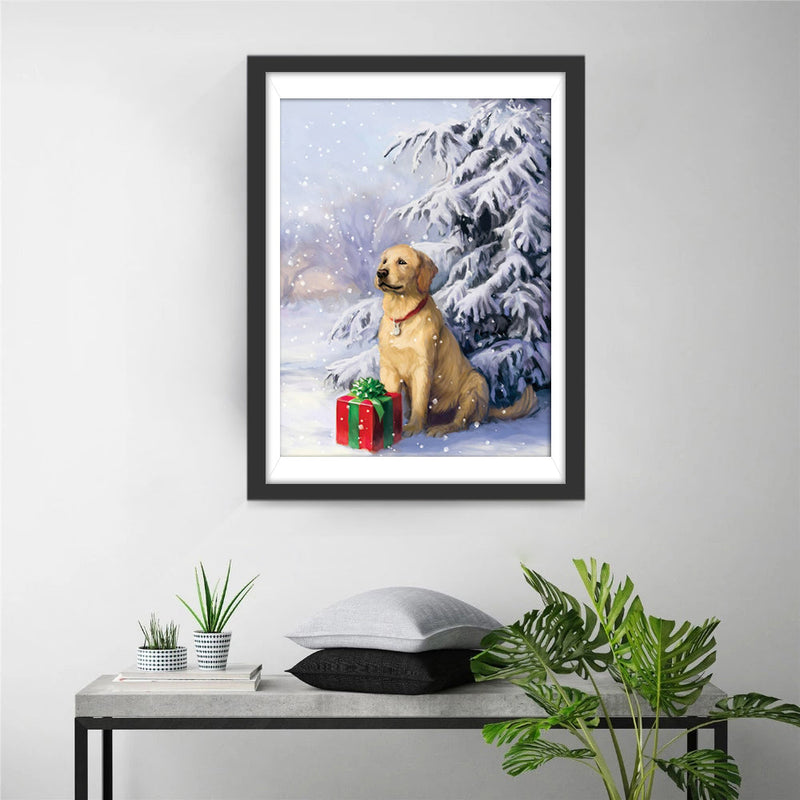 Golden Retriever et Son Cadeau de Noël Broderie Diamant