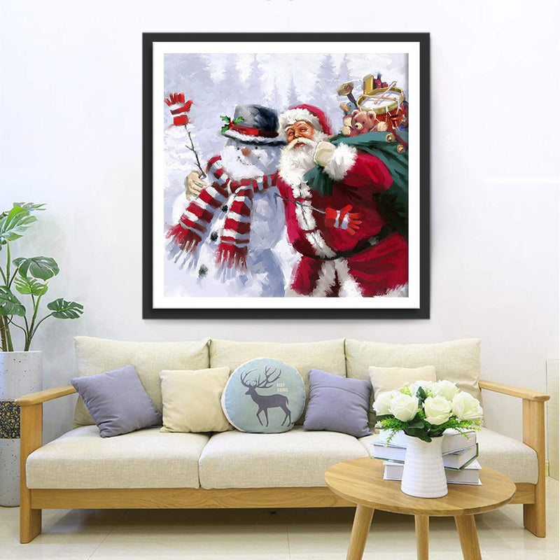 Père Noël Prenant une Photo avec le Bonhomme de Neige Broderie Diamant
