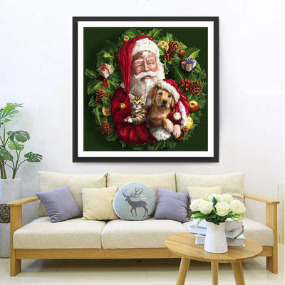 Père Noël et Chiot avec une Couronne de Fleurs Broderie Diamant