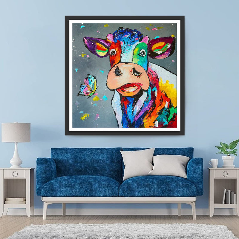 Vache Etonnée et Papillon Colorés Broderie Diamant