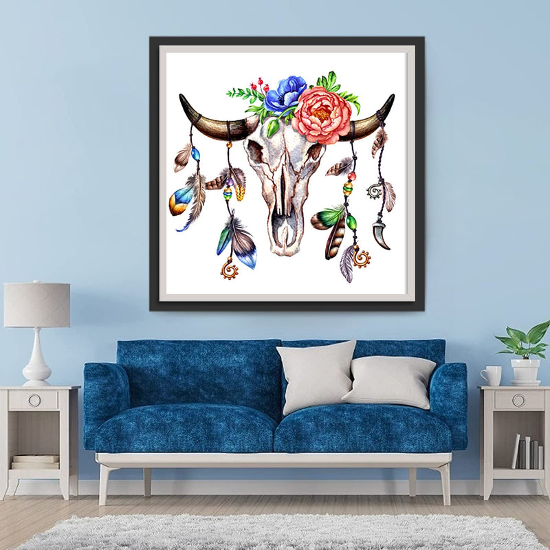 Vache Squelette avec des Fleurs Broderie Diamant