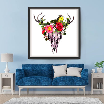 Cerf Squelette et Fleurs Rouges Broderie Diamant