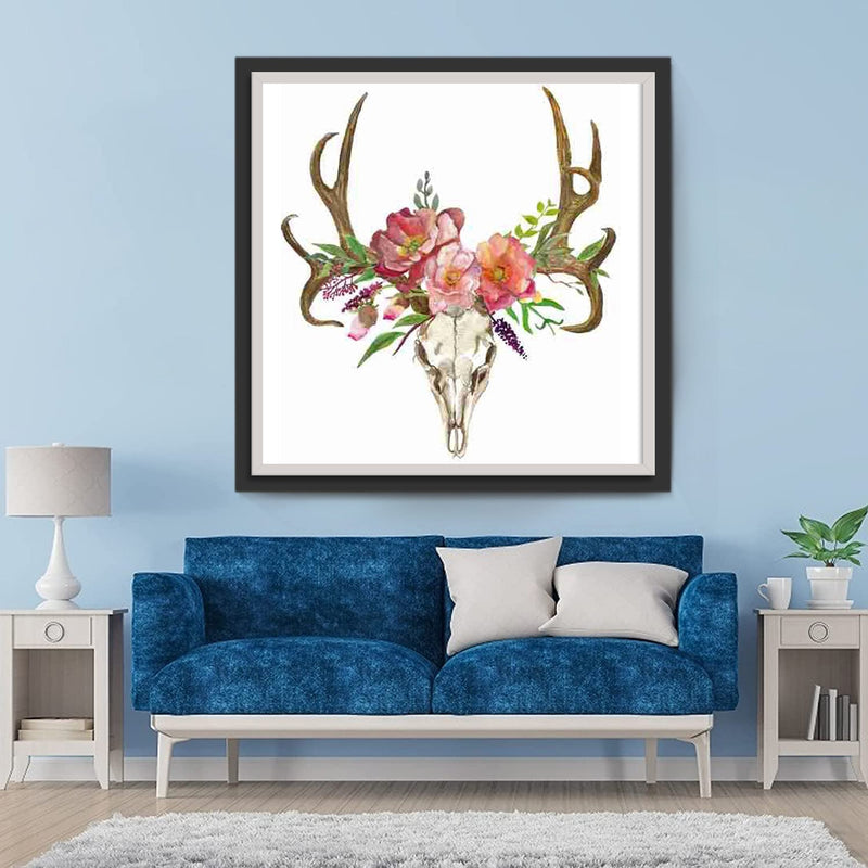 Cerf Squelette et Couronne des Fleurs Roses Broderie Diamant